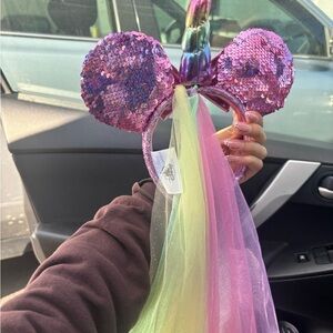 Pink Sequin Minnie Ears Headband with Rainbow Veil